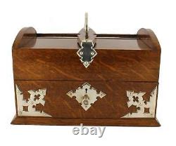 Country House Oak & Silver Plate Post In Out Box. Letter Stationery Box. C1900