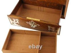 Country House Oak & Silver Plate Post In Out Box. Letter Stationery Box. C1900