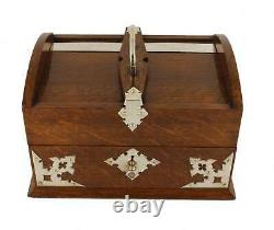 Country House Oak & Silver Plate Post In Out Box. Letter Stationery Box. C1900