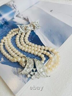Crown Trifari 1940s Trio Strands Layer Pearls Crystals Pendant Choker, Necklace