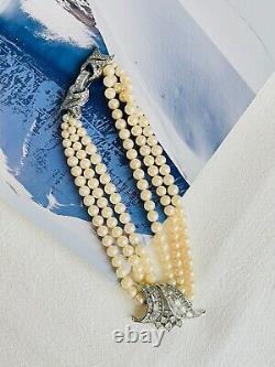 Crown Trifari 1940s Trio Strands Layer Pearls Crystals Pendant Choker, Necklace