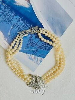 Crown Trifari 1940s Trio Strands Layer Pearls Crystals Pendant Choker, Necklace