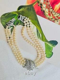 Crown Trifari 1940s Trio Strands Layer Pearls Crystals Pendant Choker, Necklace