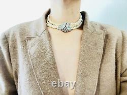 Crown Trifari 1940s Trio Strands Layer Pearls Crystals Pendant Choker, Necklace