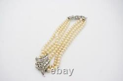 Crown Trifari 1940s Trio Strands Layer Pearls Crystals Pendant Choker, Necklace