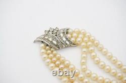 Crown Trifari 1940s Trio Strands Layer Pearls Crystals Pendant Choker, Necklace