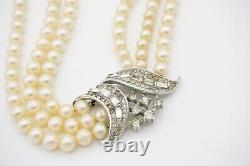 Crown Trifari 1940s Trio Strands Layer Pearls Crystals Pendant Choker, Necklace