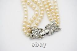 Crown Trifari 1940s Trio Strands Layer Pearls Crystals Pendant Choker, Necklace