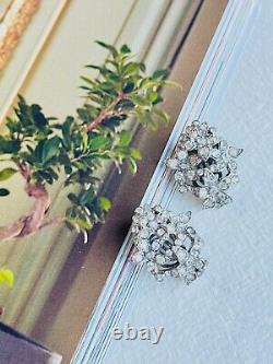 Crown Trifari 1950s Cluster Flower Bouquet Crystal Openwork Clip Earrings Silver