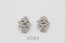 Crown Trifari 1950s Cluster Flower Bouquet Crystal Openwork Clip Earrings Silver