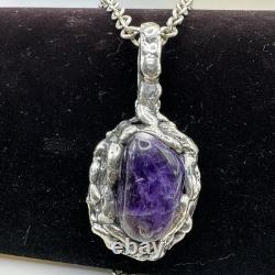 Dansk Smykkekunst Amethyst Silver Plate Pendant Necklace Vintage 1970s Brutalist