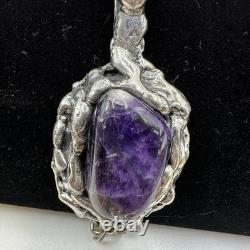 Dansk Smykkekunst Amethyst Silver Plate Pendant Necklace Vintage 1970s Brutalist