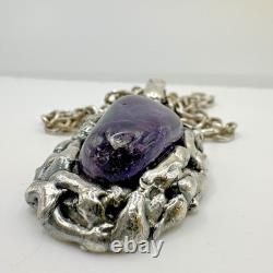 Dansk Smykkekunst Amethyst Silver Plate Pendant Necklace Vintage 1970s Brutalist