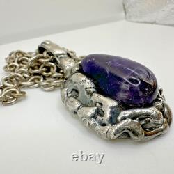 Dansk Smykkekunst Amethyst Silver Plate Pendant Necklace Vintage 1970s Brutalist