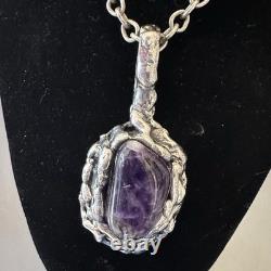 Dansk Smykkekunst Amethyst Silver Plate Pendant Necklace Vintage 1970s Brutalist