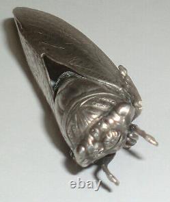 Detailed Antique Vintage Victorian French Cicada Pin Brooch 2 Silver Plate