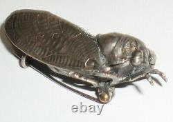 Detailed Antique Vintage Victorian French Cicada Pin Brooch 2 Silver Plate