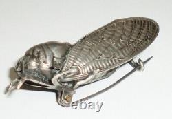 Detailed Antique Vintage Victorian French Cicada Pin Brooch 2 Silver Plate