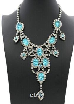 Dominique Huge Necklace Blue Turquoise Clear Rhinestones Signed Estate Parure