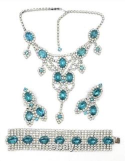 Dominique Huge Necklace Blue Turquoise Clear Rhinestones Signed Estate Parure