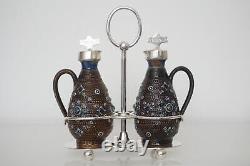 Doulton Lambeth Mounted Oil & Vinegar Cruet Set & Silver-Plated Stand c. 1879