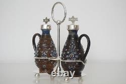 Doulton Lambeth Mounted Oil & Vinegar Cruet Set & Silver-Plated Stand c. 1879