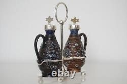 Doulton Lambeth Mounted Oil & Vinegar Cruet Set & Silver-Plated Stand c. 1879