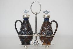 Doulton Lambeth Mounted Oil & Vinegar Cruet Set & Silver-Plated Stand c. 1879