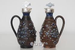 Doulton Lambeth Mounted Oil & Vinegar Cruet Set & Silver-Plated Stand c. 1879