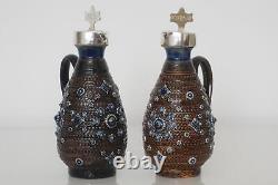 Doulton Lambeth Mounted Oil & Vinegar Cruet Set & Silver-Plated Stand c. 1879