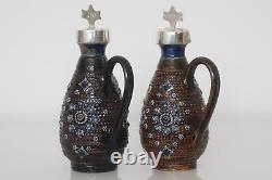 Doulton Lambeth Mounted Oil & Vinegar Cruet Set & Silver-Plated Stand c. 1879