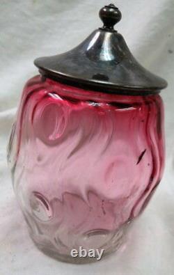 EAPG thumnbprint & swirl pattn Amberina pickle caster jam jar & silver plate lid