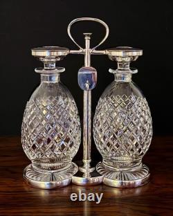 Early 20thc Hukin & Heath Silver Plate & Cut Glass 2-bottle Mechanical Tantalus