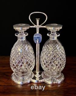 Early 20thc Hukin & Heath Silver Plate & Cut Glass 2-bottle Mechanical Tantalus