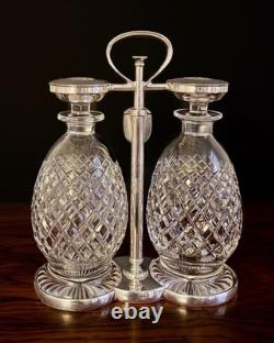 Early 20thc Hukin & Heath Silver Plate & Cut Glass 2-bottle Mechanical Tantalus