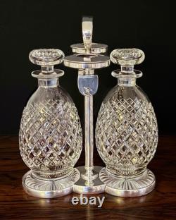 Early 20thc Hukin & Heath Silver Plate & Cut Glass 2-bottle Mechanical Tantalus