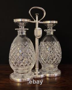 Early 20thc Hukin & Heath Silver Plate & Cut Glass 2-bottle Mechanical Tantalus