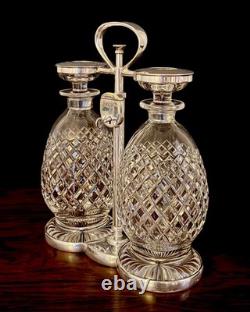 Early 20thc Hukin & Heath Silver Plate & Cut Glass 2-bottle Mechanical Tantalus