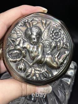 Early Antique Inkwell With Angel /Fairy Design Silver Plate Lid Baccarat3.75lbs