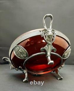 Early Antique Original Silver Plate Ruby Glass Center Goat Head Monteith Compote