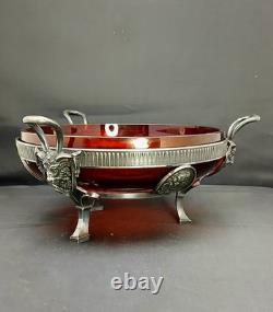 Early Antique Original Silver Plate Ruby Glass Center Goat Head Monteith Compote