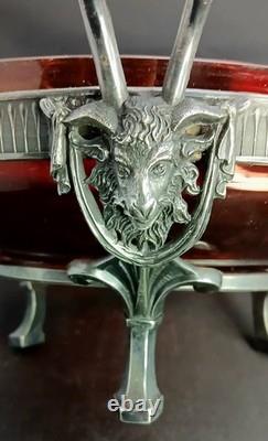 Early Antique Original Silver Plate Ruby Glass Center Goat Head Monteith Compote