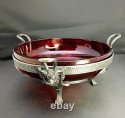 Early Antique Original Silver Plate Ruby Glass Center Goat Head Monteith Compote