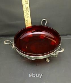 Early Antique Original Silver Plate Ruby Glass Center Goat Head Monteith Compote