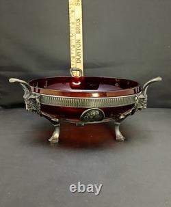 Early Antique Original Silver Plate Ruby Glass Center Goat Head Monteith Compote