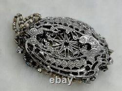 Early Miriam Haskell Pendant Necklace Silver Plated Rhinestone Pearl Art Nouveau