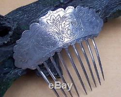 Early Victorian hair comb silver plated engraved hair accessory