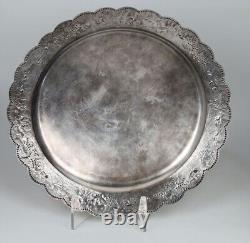 Eastern Asian plate hand engraved silver plated metal 10 inch