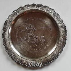 Eastern Asian plate hand engraved silver plated metal 10 inch