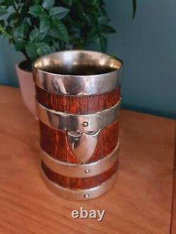 Edwardian Oak And Silver Plated Banded Tankard Beer Mug Antique Collectors Item